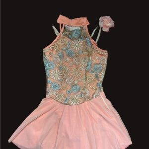 Coral Satin ice skating dress with Gold Embellishment